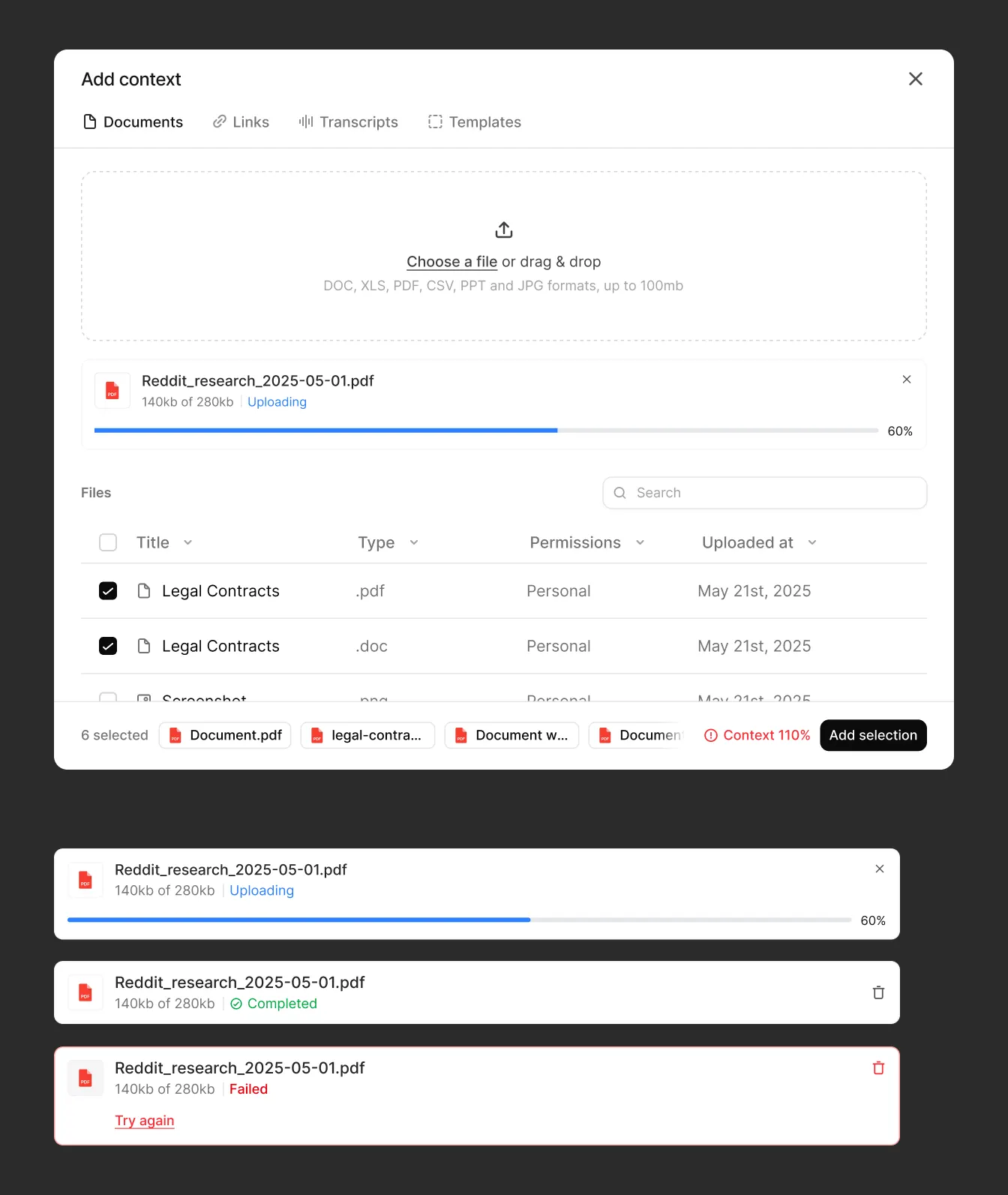 Add Context with document upload states